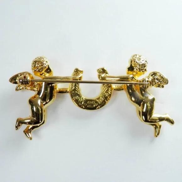Kirks Folly Aurora Borealis Rhinestone Cherubs Lucky Horseshoe Gold Tone Pin 2" - Picture 3 of 7